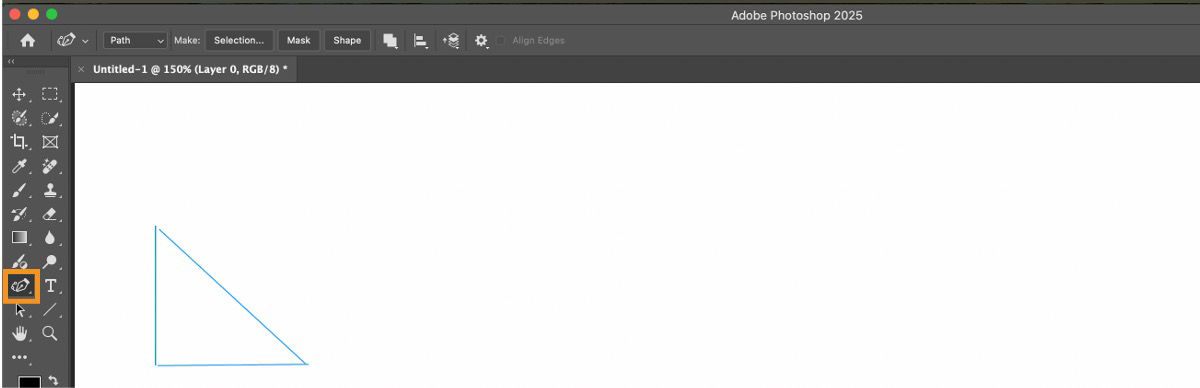 A triangle has been drawn on the canvas in Adobe Photoshop on the desktop app, where the Curvature Pen tool has been highlighted in the Tools panel. 
