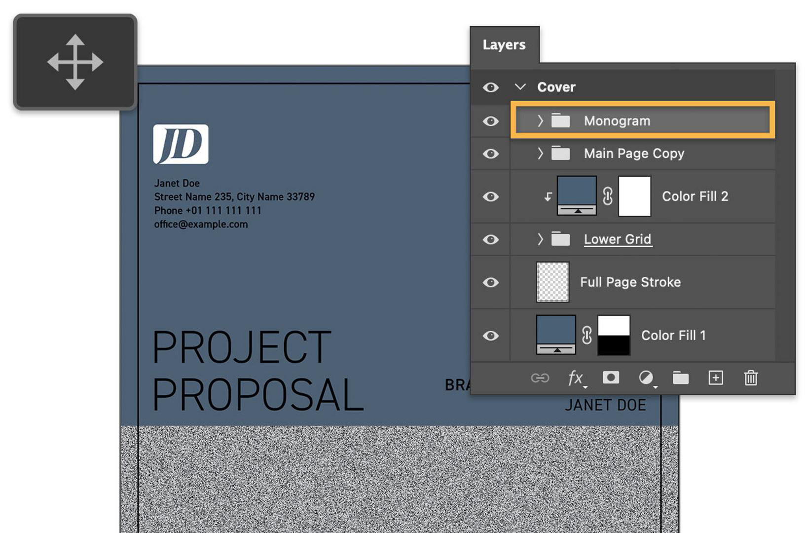 A user adds their own logo to a blue "project proposal" document, using the Layers panel.