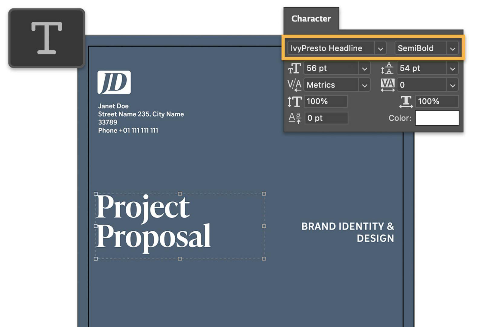 A user edits the text on the "project proposal" by using the Type tool.