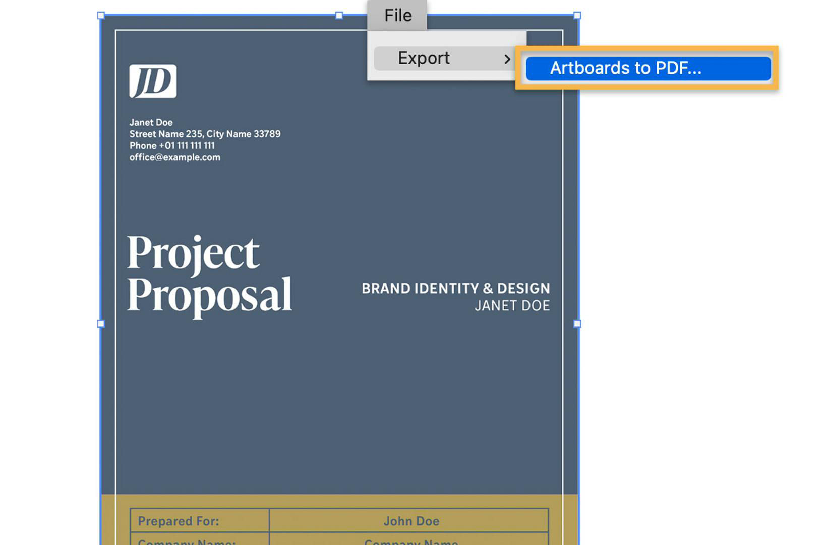 A user exports the finished document, which is now a fancy blue and gold color.