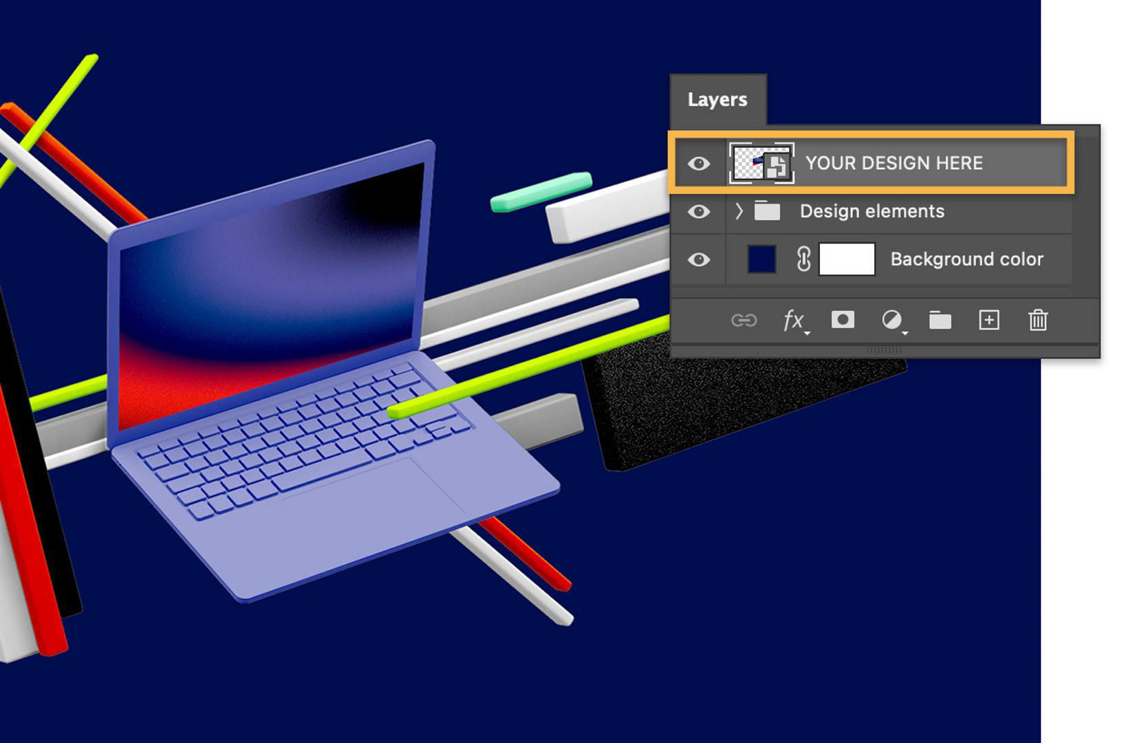 A user inserts their work into the layer by selecting the Smart Object called "YOUR DESIGN HERE" in the Layers panel.