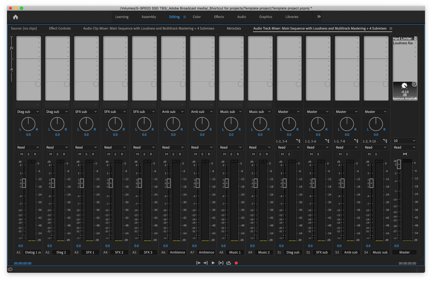 A view of the project’s multichannel master with its submixes.