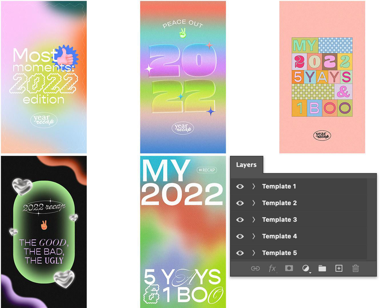 A visual preview of Malu's practice file in Photoshop, showing five artboards and a Layers panel showing how each template has been organized into Layer folders.