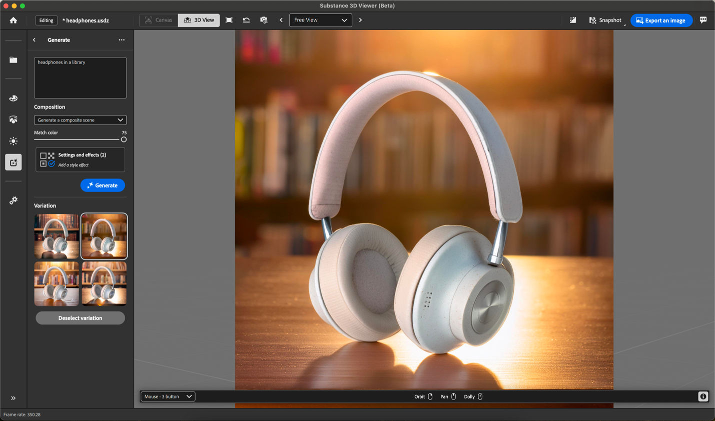 Compositing a 3D model of a pair of headphones into a Firefly generated context: Prompt: “Headphones in a library”