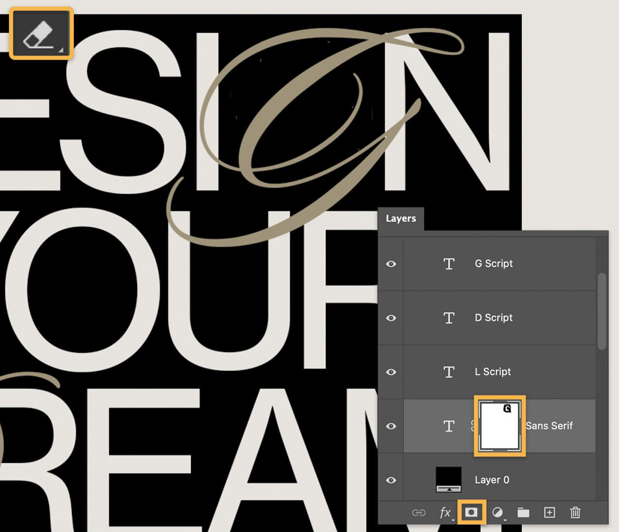 A zoomed-in closer look at the same artboard, showing how to erase the sans-serif G using a Layer Mask so that the script G now appears in its place.
