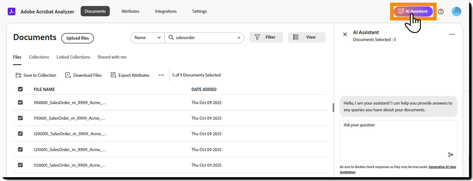 The Documents page with the AI Assistant button highlighted