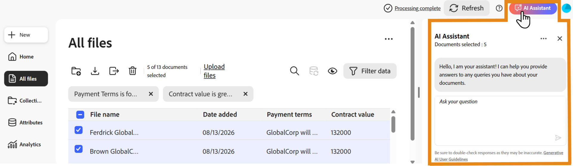 The Documents page with the AI Assistant button highlighted