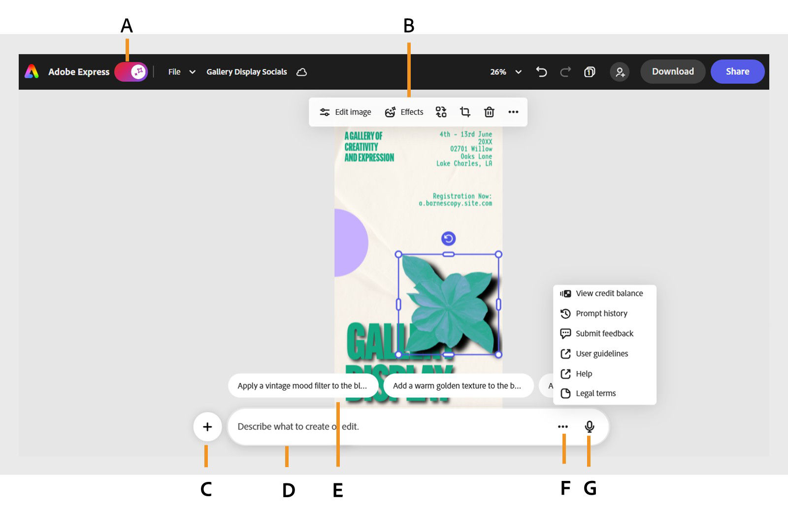 AI Assistant interface showing a Gallery Display socials design with a highlighted object and labeled interface elements: A – AI Assistant toggle, B – Context bar,  C –Add to canvas icon, D – Input box for describing edits, E – Inline suggestions for design changes, F – More options menu, G – Microphone icon.