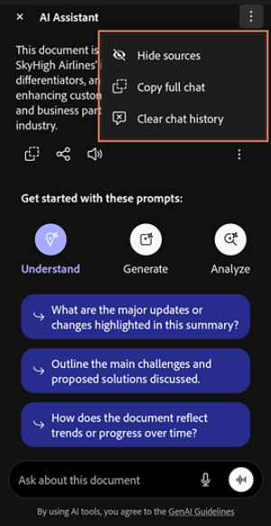 AI Assistant page on Acrobat android shows the Options menu with tools to Hide sources, Copy full chat, and Clear chat history.