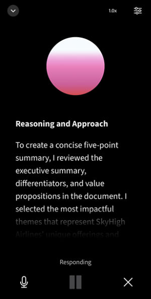 AI‑generated audio summary in Acrobat iOS showing a five‑point document overview with playback controls, allowing users to listen to key information from the PDF hands‑free.