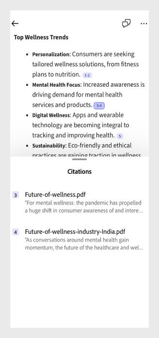 AI-generated content in Acrobat Projects show clickable citations to reveal source details for verification and deeper understanding.