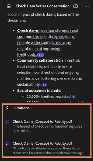 AI-generated content in PDF Spaces show clickable citations to reveal source details for verification and deeper understanding.