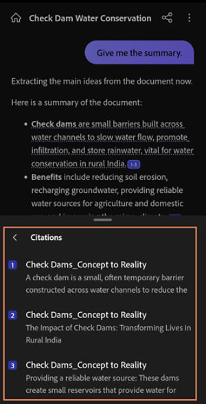AI-generated content in PDF Spaces show clickable citations to reveal source details for verification and deeper understanding.