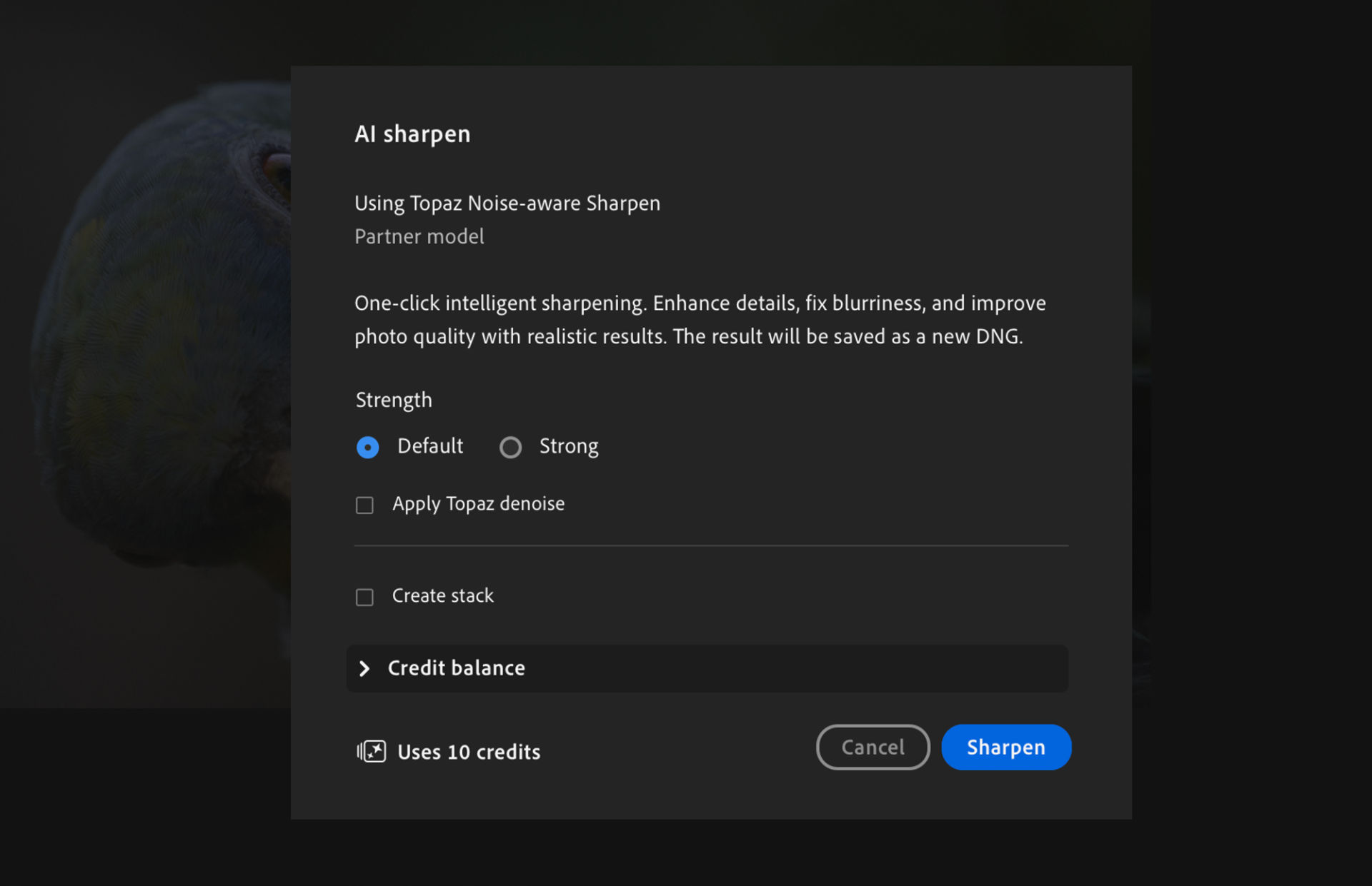 AI Sharpen dialog in Adobe Lightroom shows sharpening options, including Strength settings (Default and Strong), Apply Topaz Denoise, Create Stack, credit usage, and the Sharpen button.
