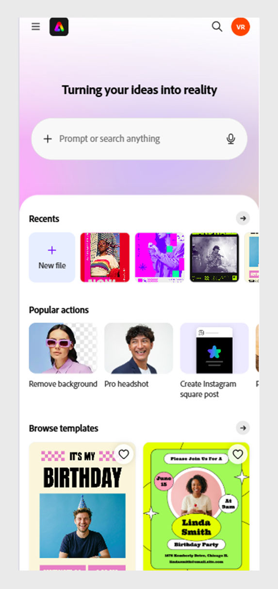 The Adobe Express mobile home screen with the prompt bar, Popular actions, and Browse templates.