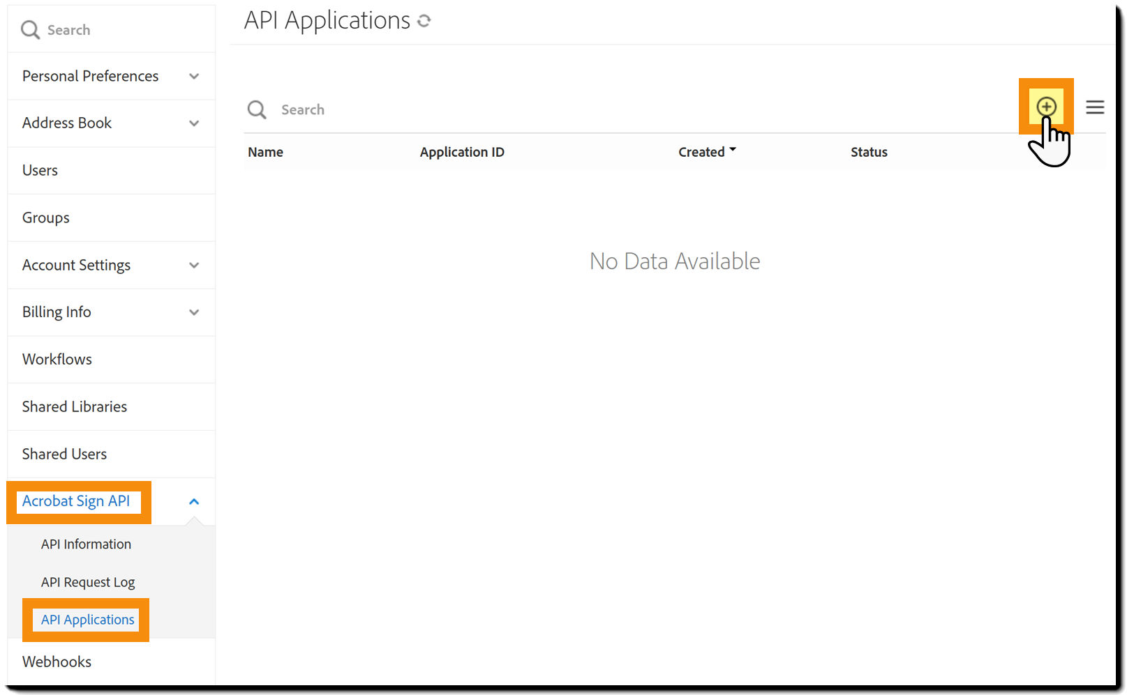 API Applications page with the Create icon highlighted