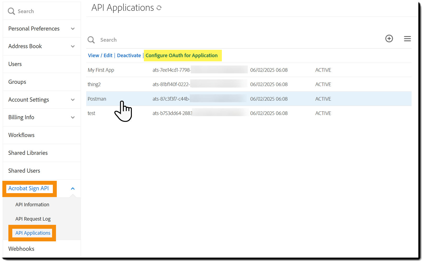 API Applications page with one application selected