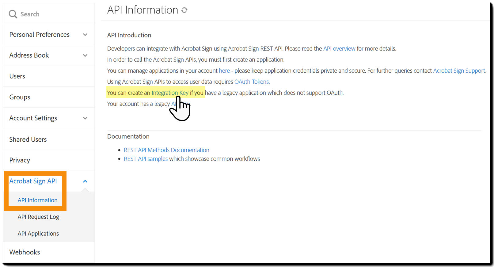 The API Information page highlighting the Integration Key link