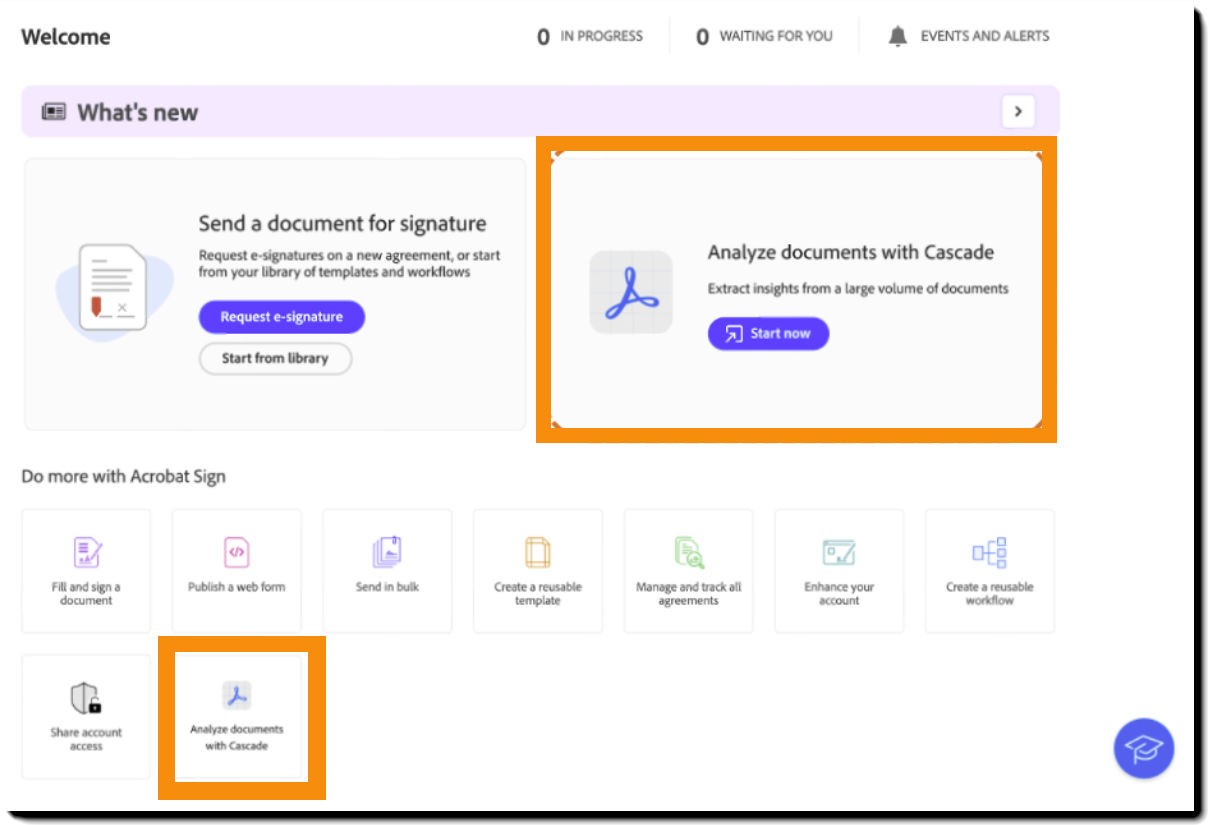 The Home page with the two access points for Cascade highlighted