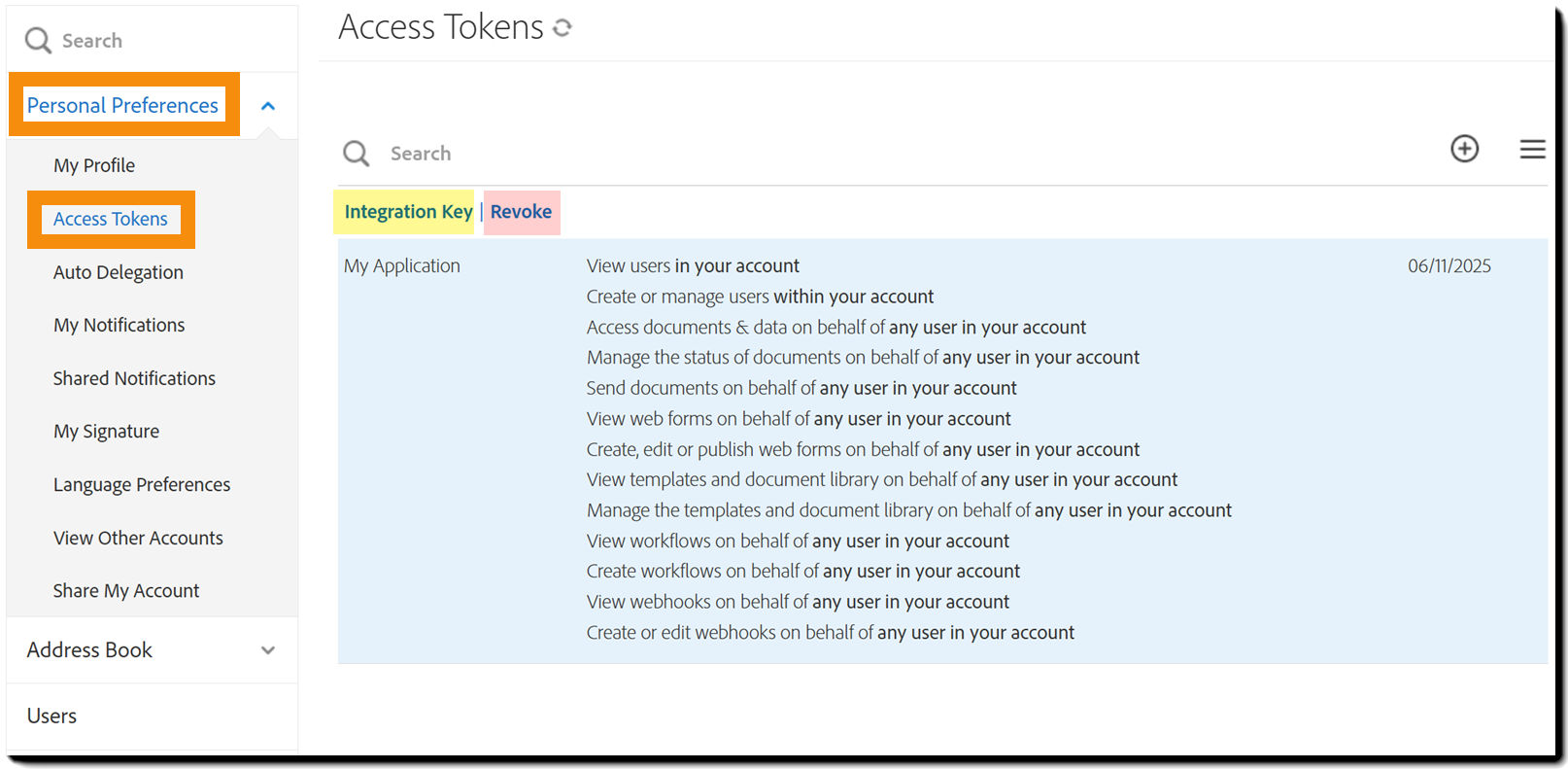 Access Tokens - Integration Key