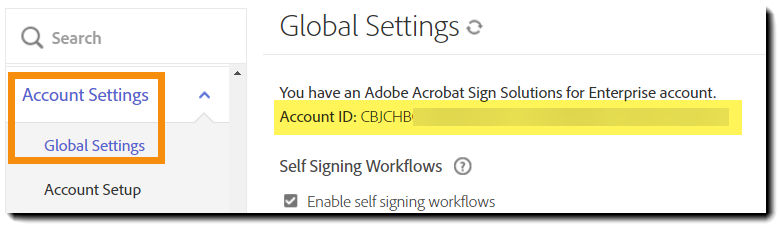 The Global Settings tab highlighting the Account ID