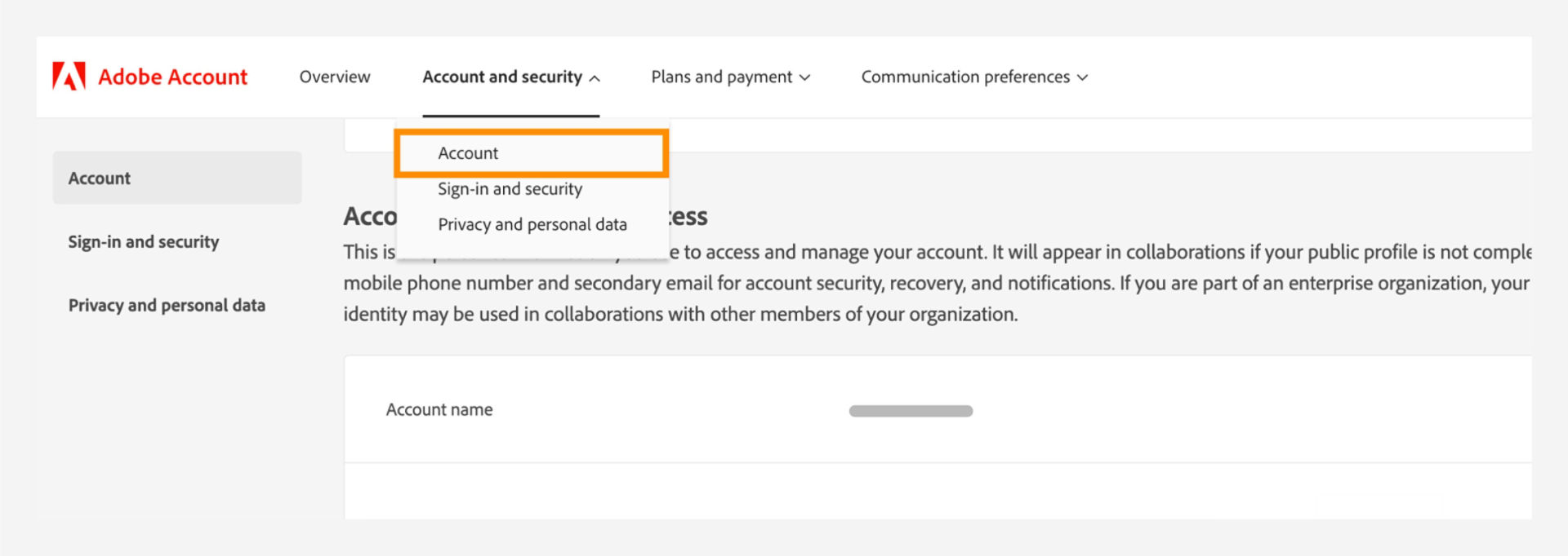 Account and security window with a drop-down option to select the Account option