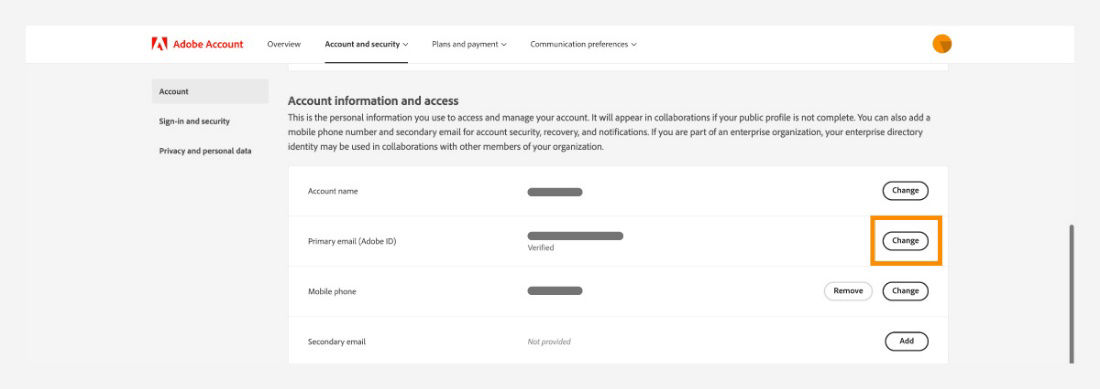 Account information and access screen to change your email address.