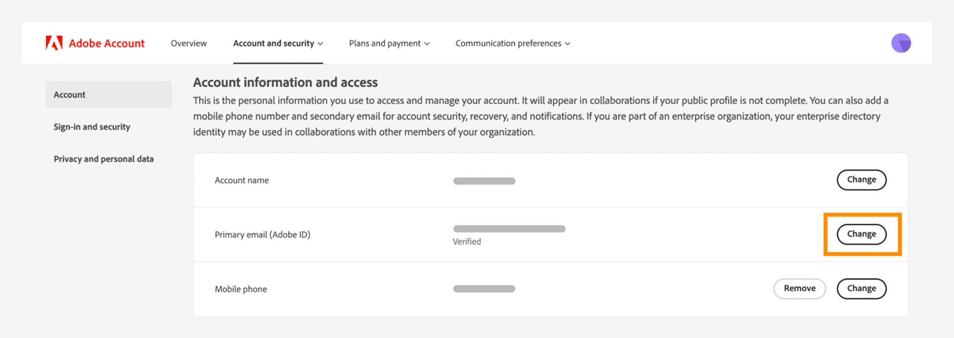 Account information and access window to change your primary email address