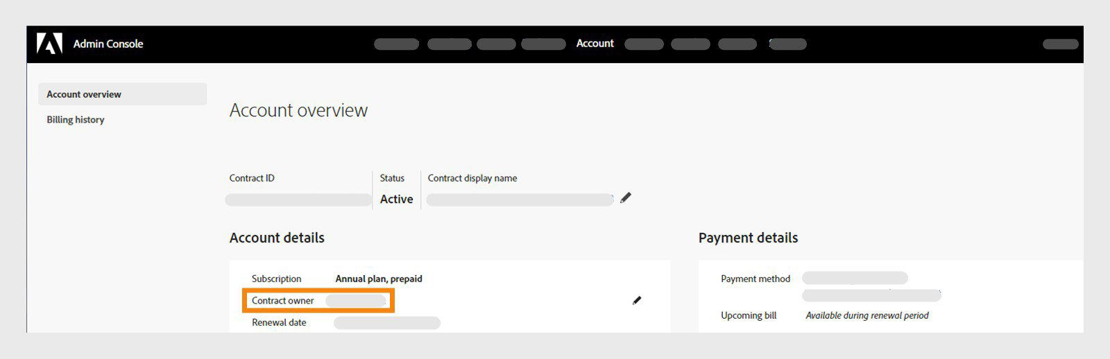 Account page in Admin Console with the contract owner name highlighted.