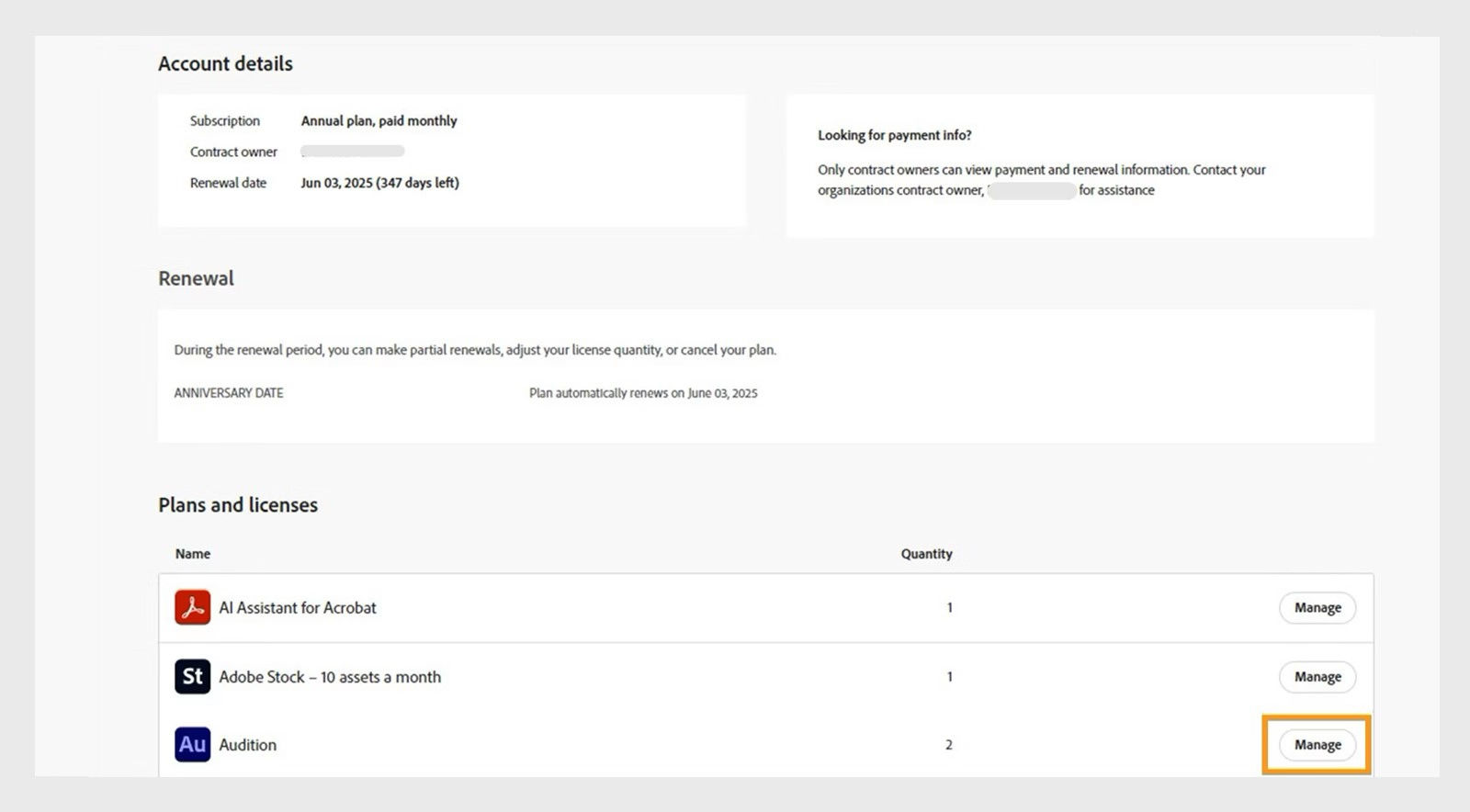 Account page showing subscription details, renewal information, and plans and licenses, with the Manage button highlighted for an Adobe Audition license.