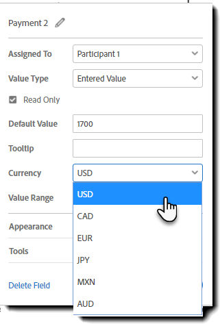 Интерфейс поля Acrobat Sign для настройки валюты