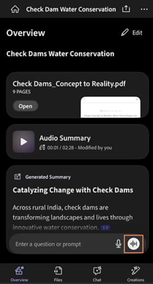 PDF Spaces in Acrobat on mobile showing AI Assistant interactions with voice command options highlighted in orange.