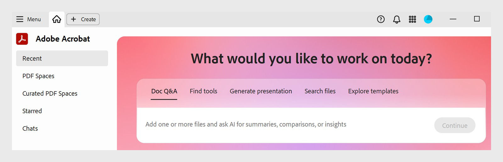 Acrobat Studio homepage showing the prompt bar with options for Doc Q&A, Find tools, Generate presentation, Search files, and Explore templates.