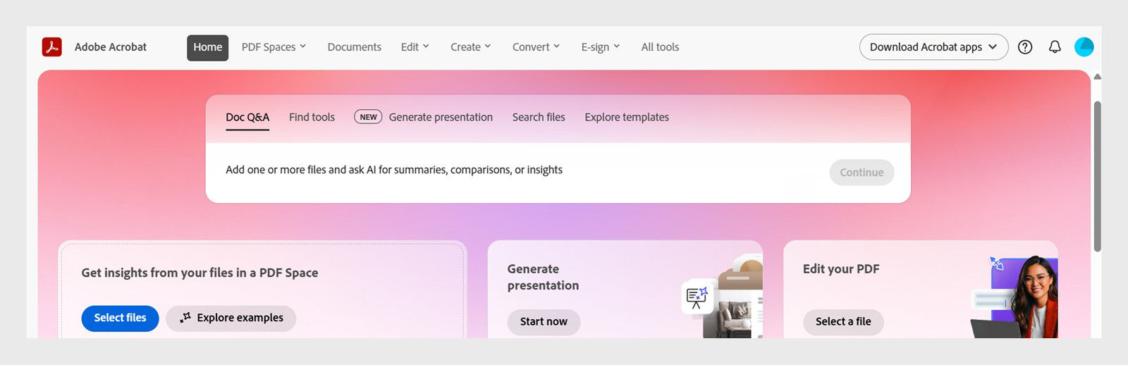 Acrobat Studio on web homepage showing the prompt bar with options for Doc Q&A, Find tools, Generate presentation, Search files, and Explore templates.