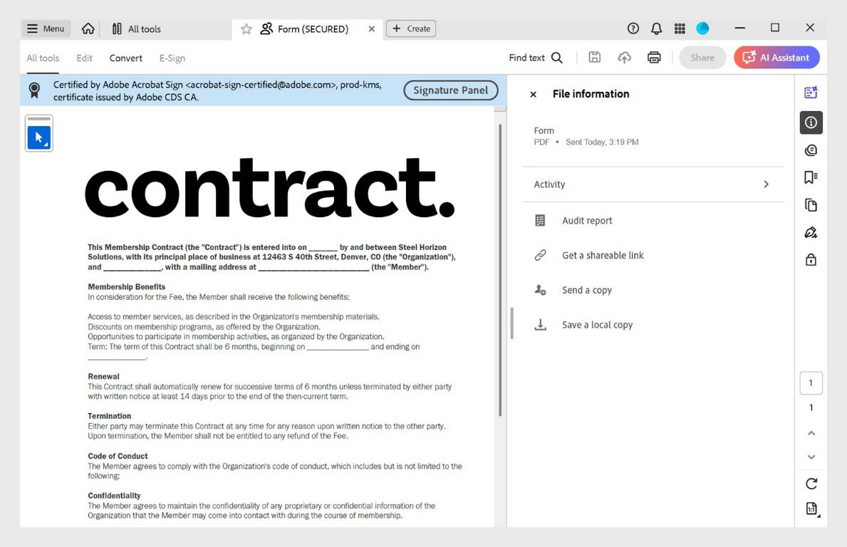 Acrobat displaying a signed contract with certification details at the top and file activity options on the right panel.