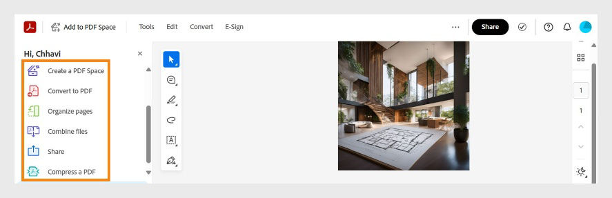 Acrobat toont een geüploade afbeelding met opties in het linkerpaneel om toe te voegen aan PDF Space, te converteren naar pdf, te delen of te combineren met andere bestanden.