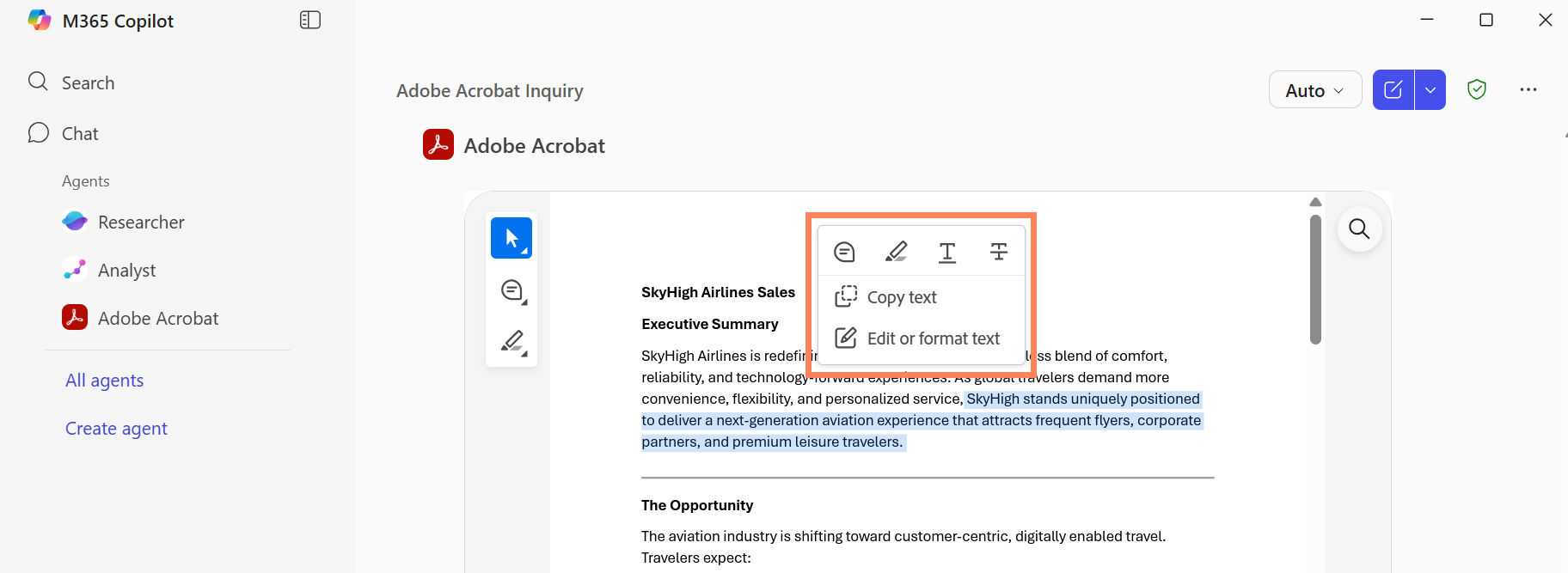 Acrobat for Copilot editor shows PDF editor pane with highlighted text and context menu options to add annotations.