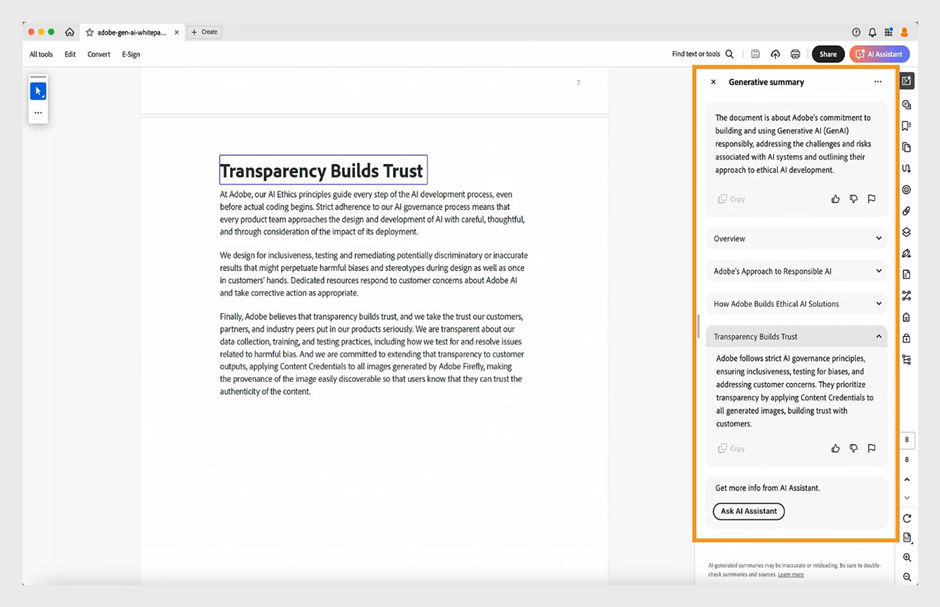 Acrobat interface with a PDF and the Generative Summary panel showing AI‑generated section summaries.