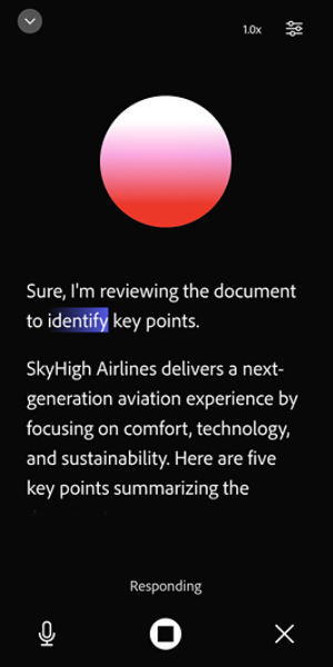 Acrobat on Android AI Assistant interaction with voice command, with options to mute, stop, and close.
