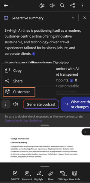 Acrobat on Android app showing a generative summary panel for a PDF, including a short overview and highlighted options to copy, share, and customize the summary.