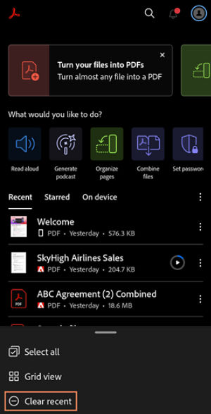 Acrobat on Android homepage showing the Recent files list, with Clear recent files option highlighted in the More options menu.