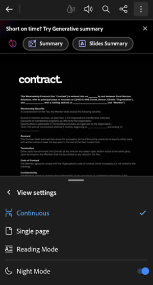 Acrobat on Android viewing settings panel showing options for Continuous view, Single page, Reading mode, Night mode, and Keep screen on.