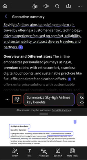 Acrobat on iOS app showing a generative summary panel for a PDF, including a short overview, highlighted text excerpts, and numbered links that reference sections in the document.