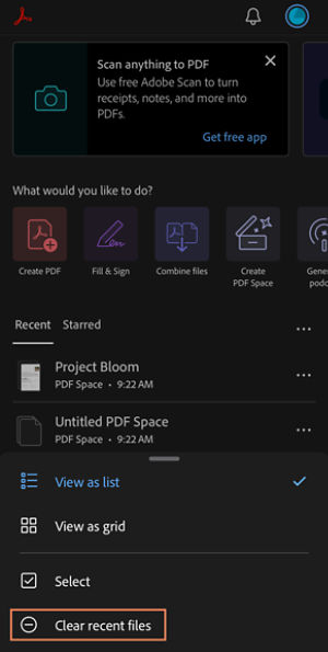 Acrobat on iOS homepage showing the Recent files list, with Clear recent files option highlighted in the More options menu.