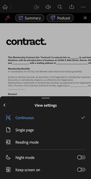 Acrobat on iOS viewing settings panel showing options for Continuous view, Single page, Reading mode, Night mode, and Keep screen on.