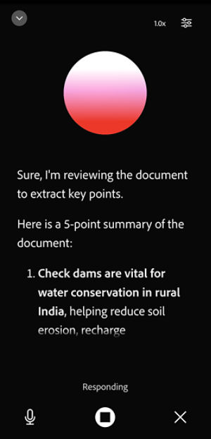 Acrobat on mobile PDF Spaces in handsfree voice mode with options to mute microphone and pause the audio playback.