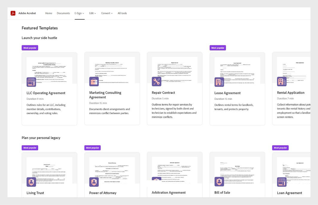 웹용 Acrobat은 선택 가능한 주요 템플릿 목록을 제공합니다.