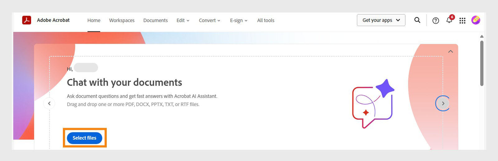 Acrobat web displays highlighted Select files option under Home tab, allowing users to upload multiple files and use AI Assistant.