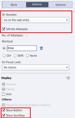 Actions tab properties for example 1