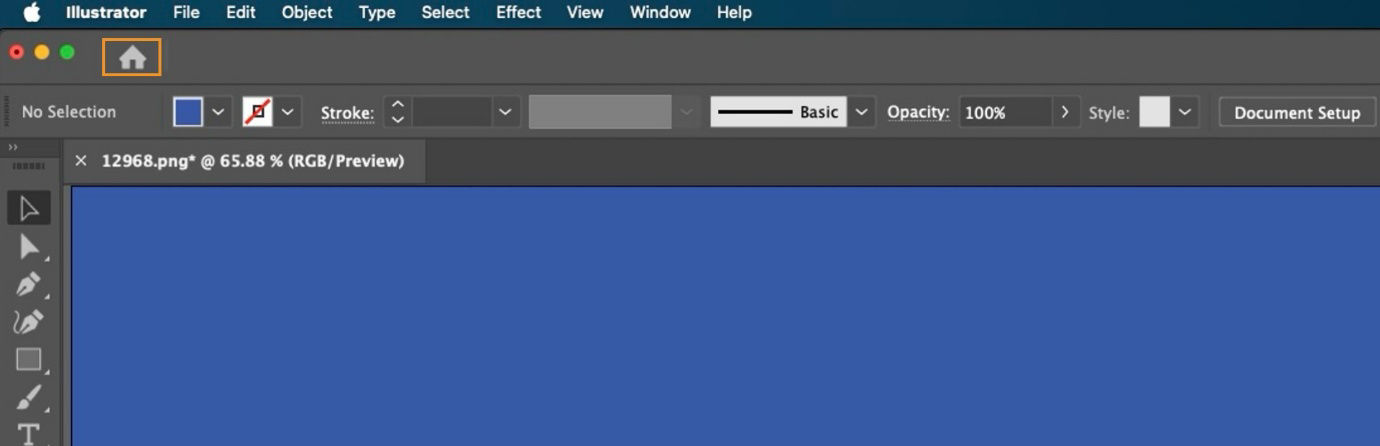 Active document in the workspace with the button to switch to the homescreen.